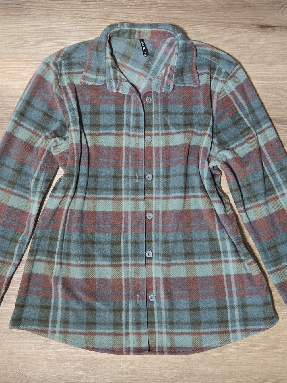 Button-Front Plaid Fleece Shirt in Mint & Rust - Picture 1 of 7